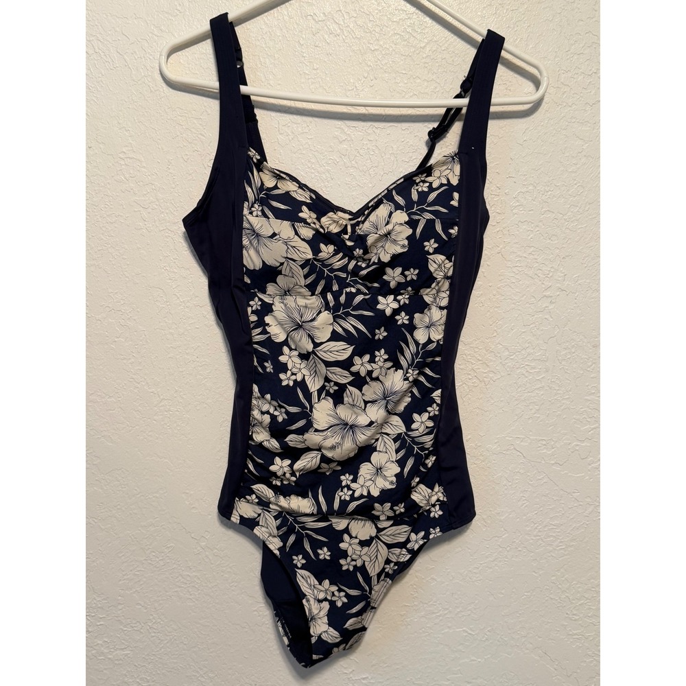 Dorina Navy Blue White Hibiscus Floral One Piece Swimsuit D17124A Large